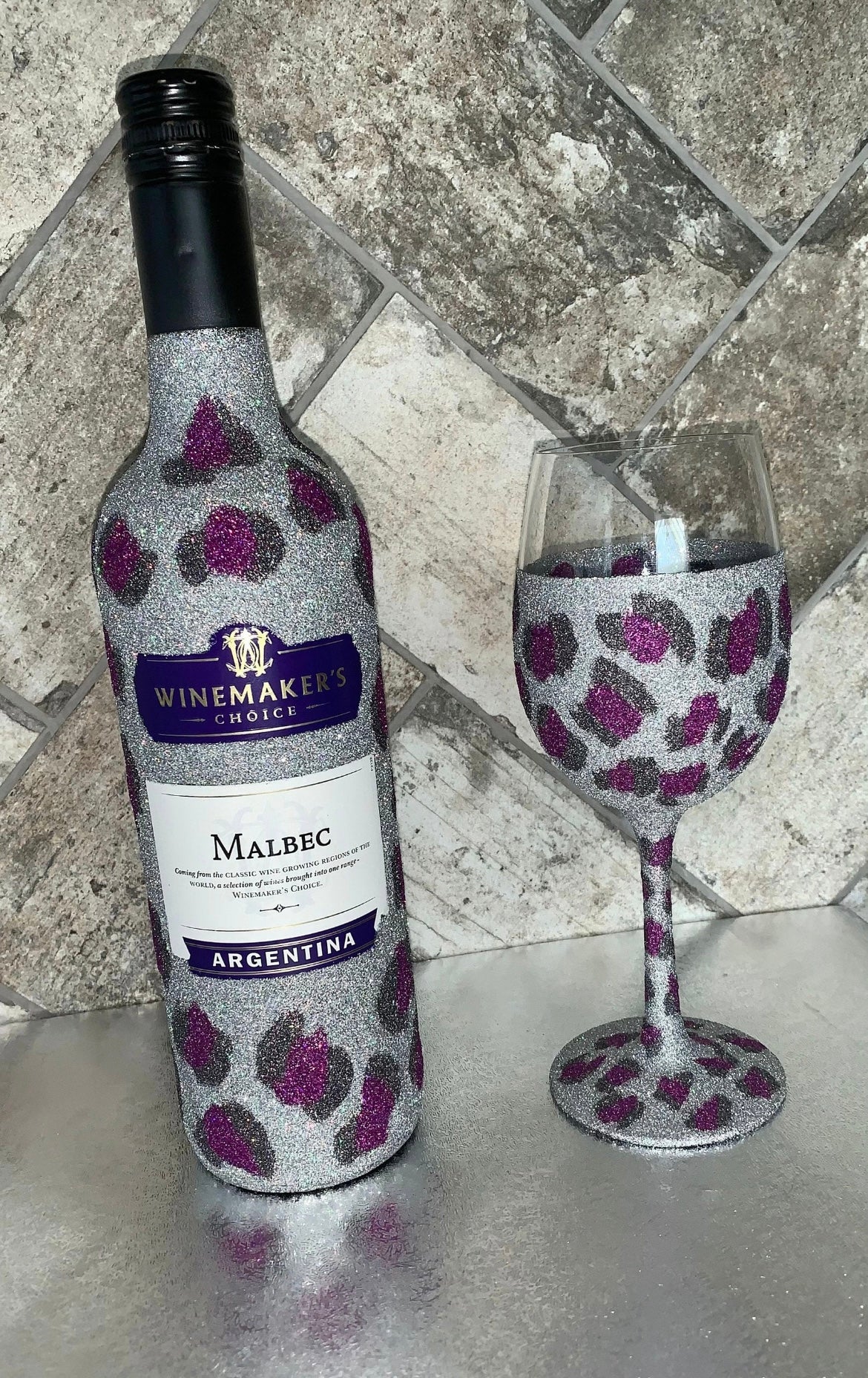 Silver & Purple Leopard Print Wine Glass