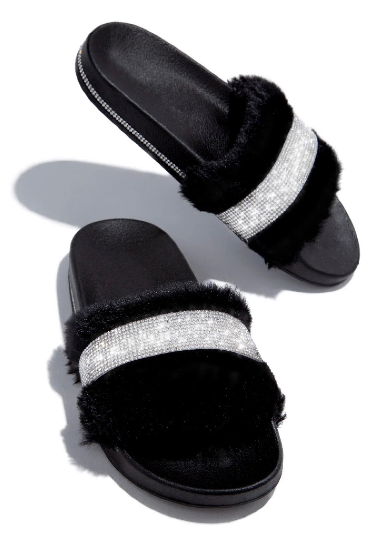 Diamanté Faux Fur Sliders