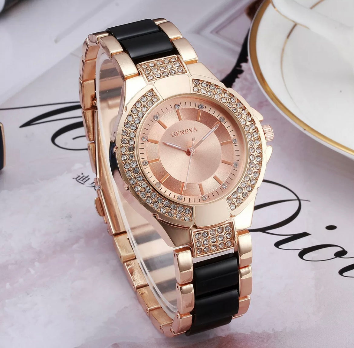 Women’s Rose Gold & Black Bling Wristwatch