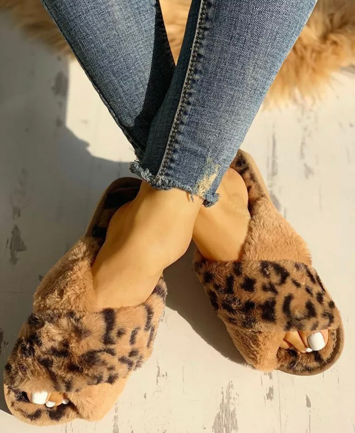 Leopard Fur Cross Style Slippers