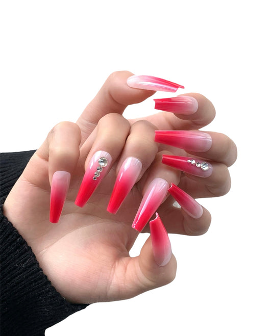 Rosy Pink Ombré Rhinestone Nails