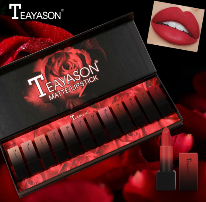 Teayason 12pcs Matte Lipstick Set with Black Box (red rose package)