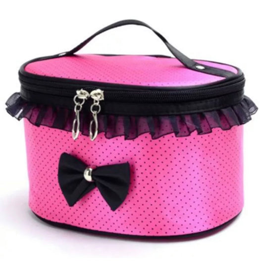 Hot Pink & Black Polka Dot Bow Frill Cosmetic Bag