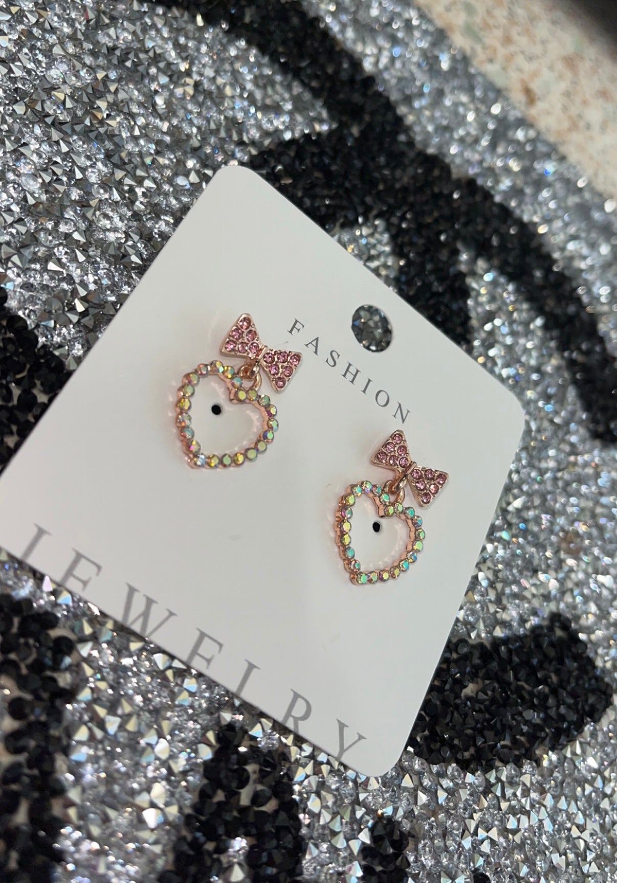 Heart & Bow Sparkly Drop Earrings