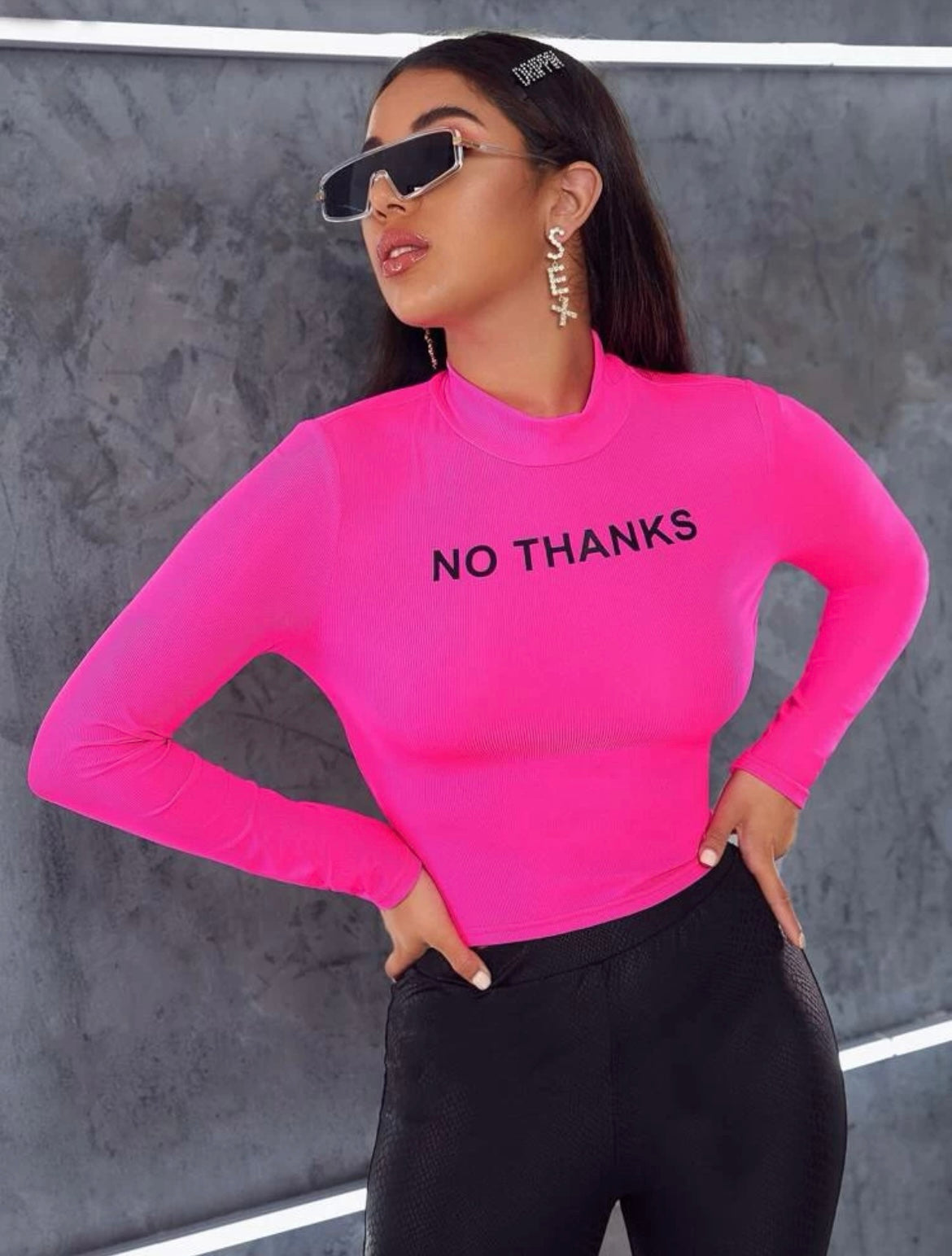 ‘No Thanks’ Bright Pink Slogan Crop Top
