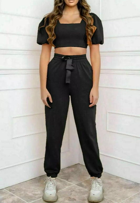 Puff Sleeve Crop Top & Ribbon Tie Joggers Co Ord