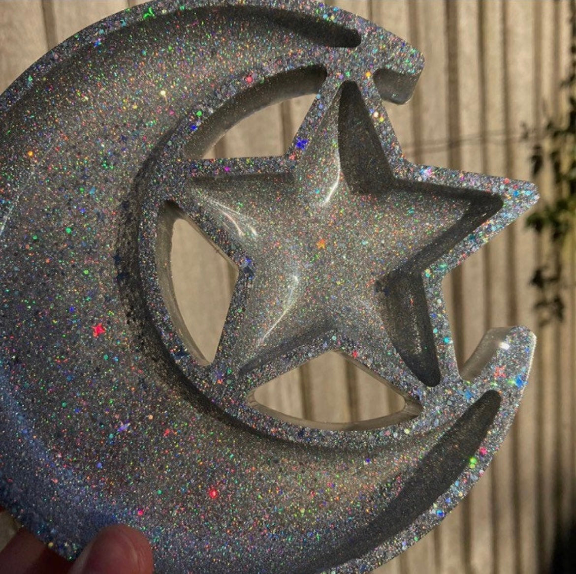 Sparkly Silver Holographic Moon & Star Jewellery Dish
