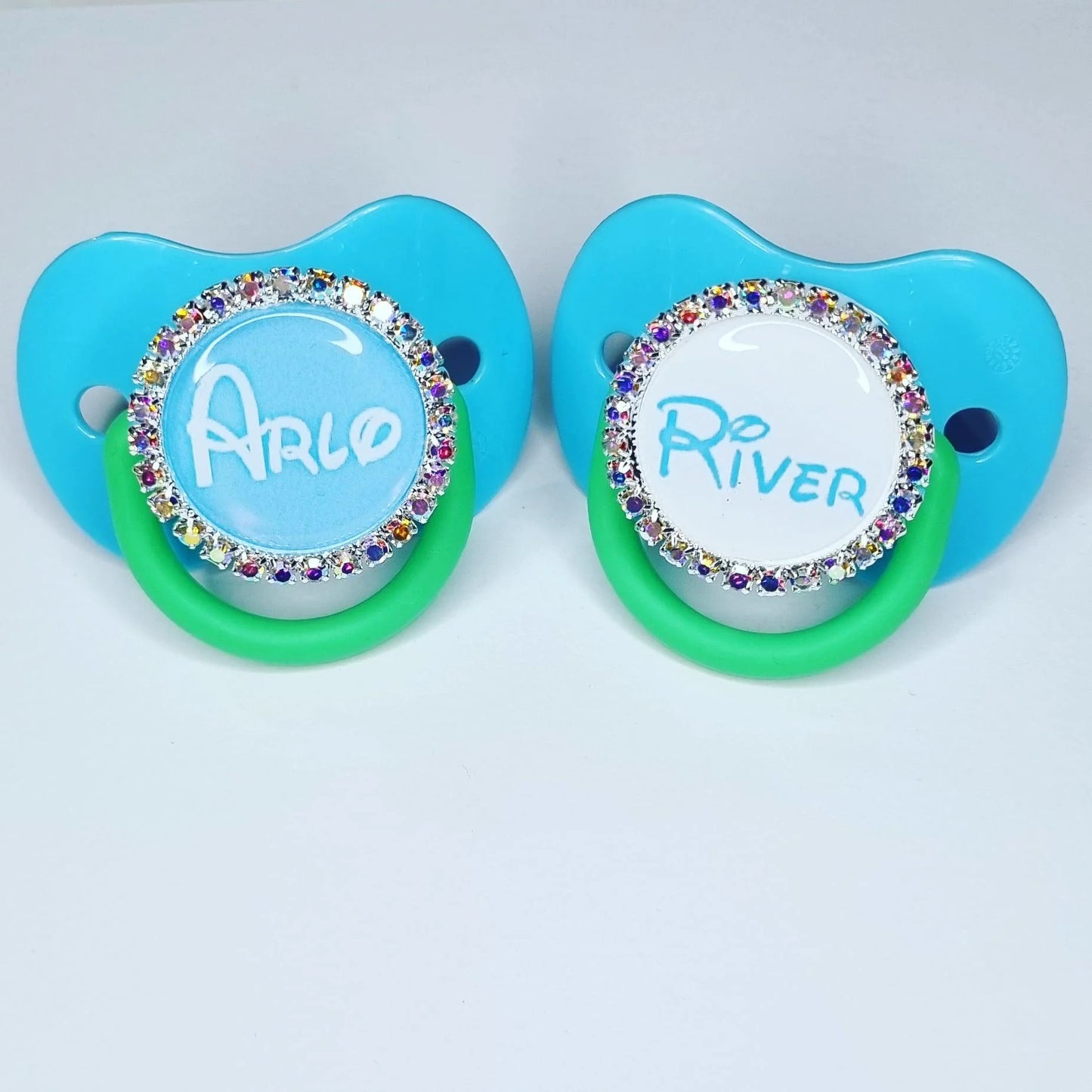 Green & Blue Personalised Bling Dummies Almond Teat 0-12 Months