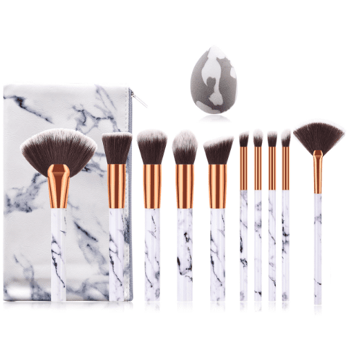 10pcs Marble Makeup Brush Set & PU Leather Makeup Bag & Makeup Sponge