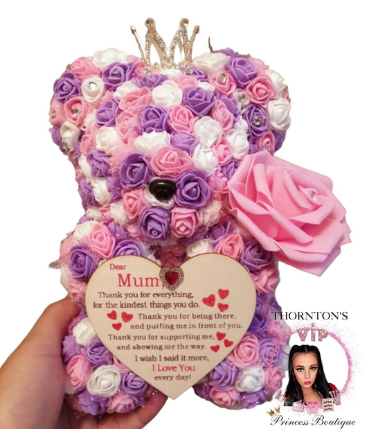 Purple, White & Pink Rose Bear With Mother’s Day Plaque