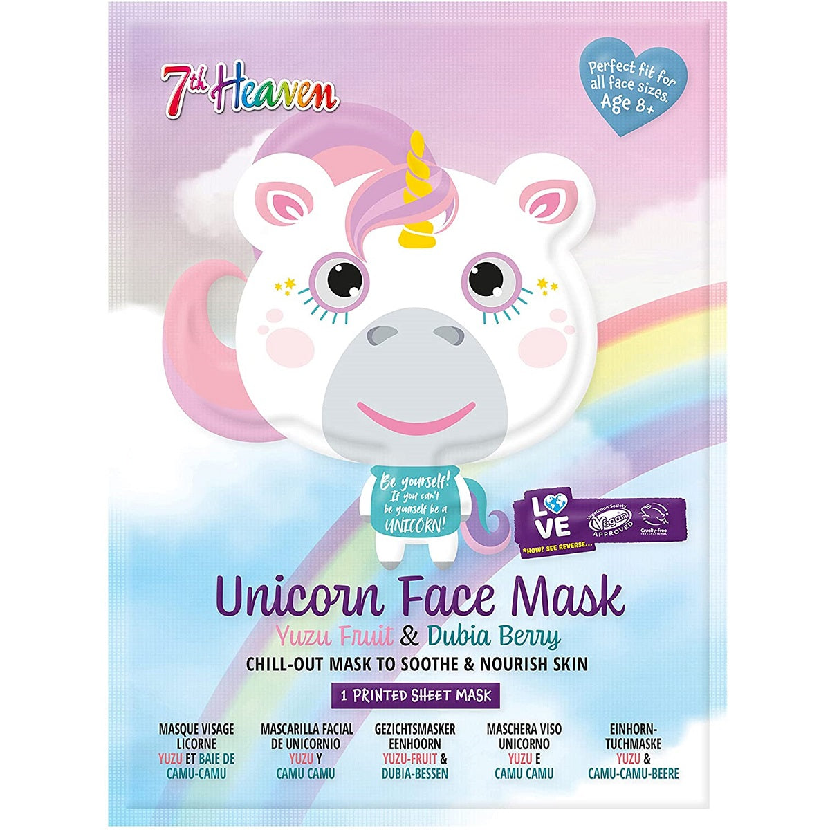 Montagne Jeunesse 7th Heaven Unicorn Face Sheet Mask with Yuzu Fruit and Dubia Berry to Soothe and Nourish Skin