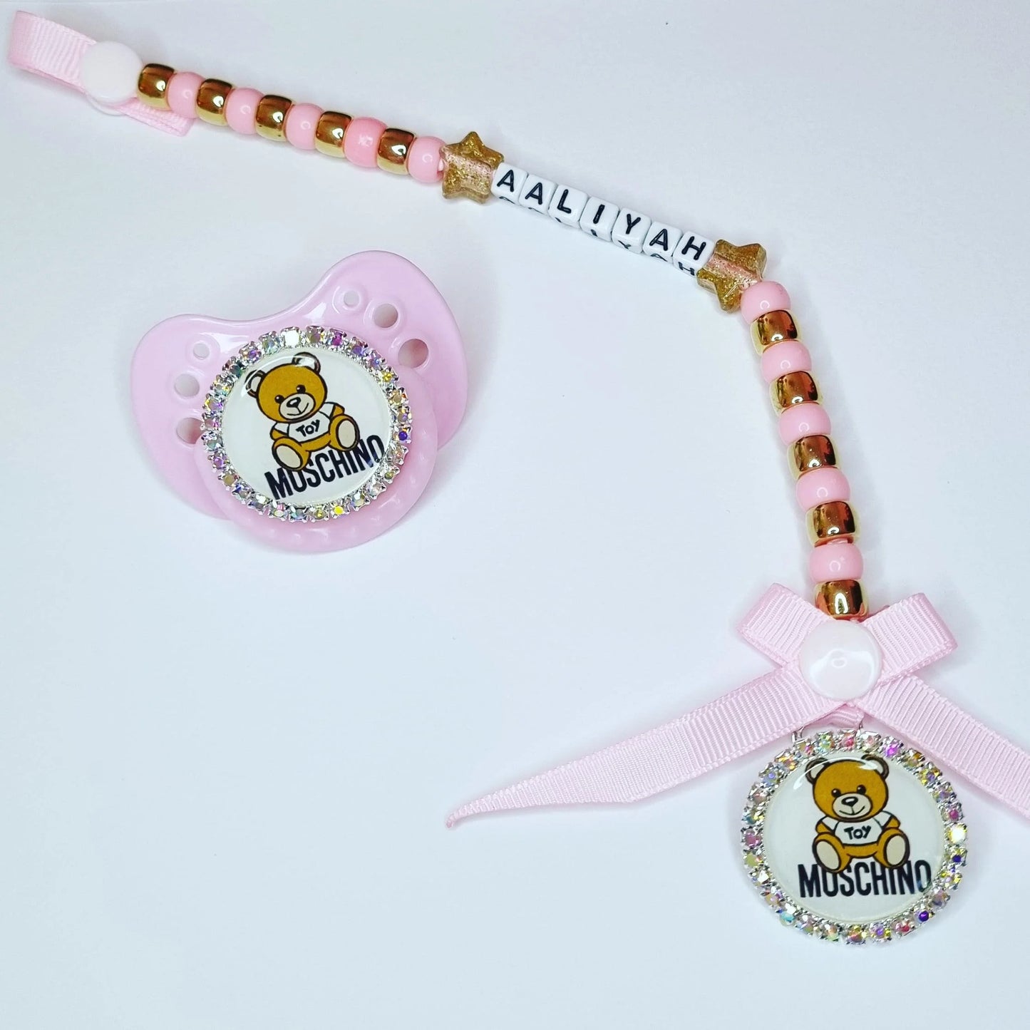 Baby Pink & Gold Bear Dummy Clip Set