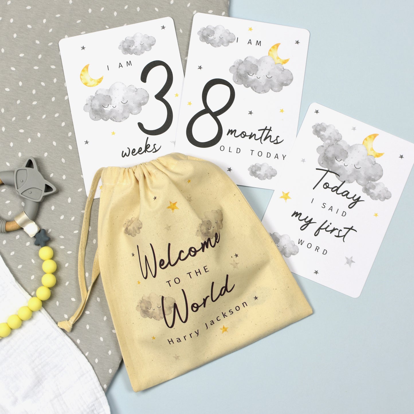 Personalised Cloud Baby Milestone Cards In Drawstring Bag