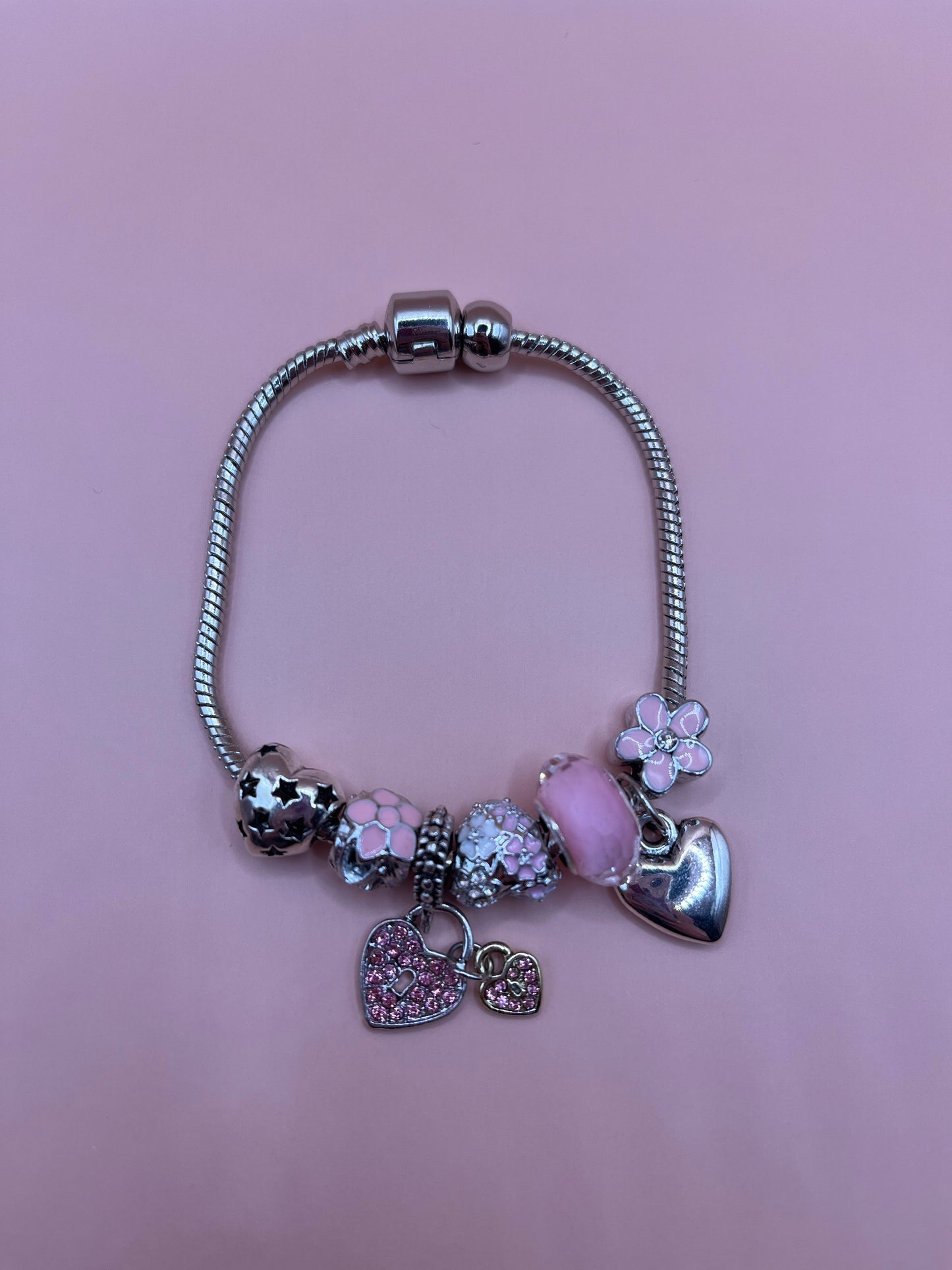 Pink Heart & Flowers Charm Bracelet