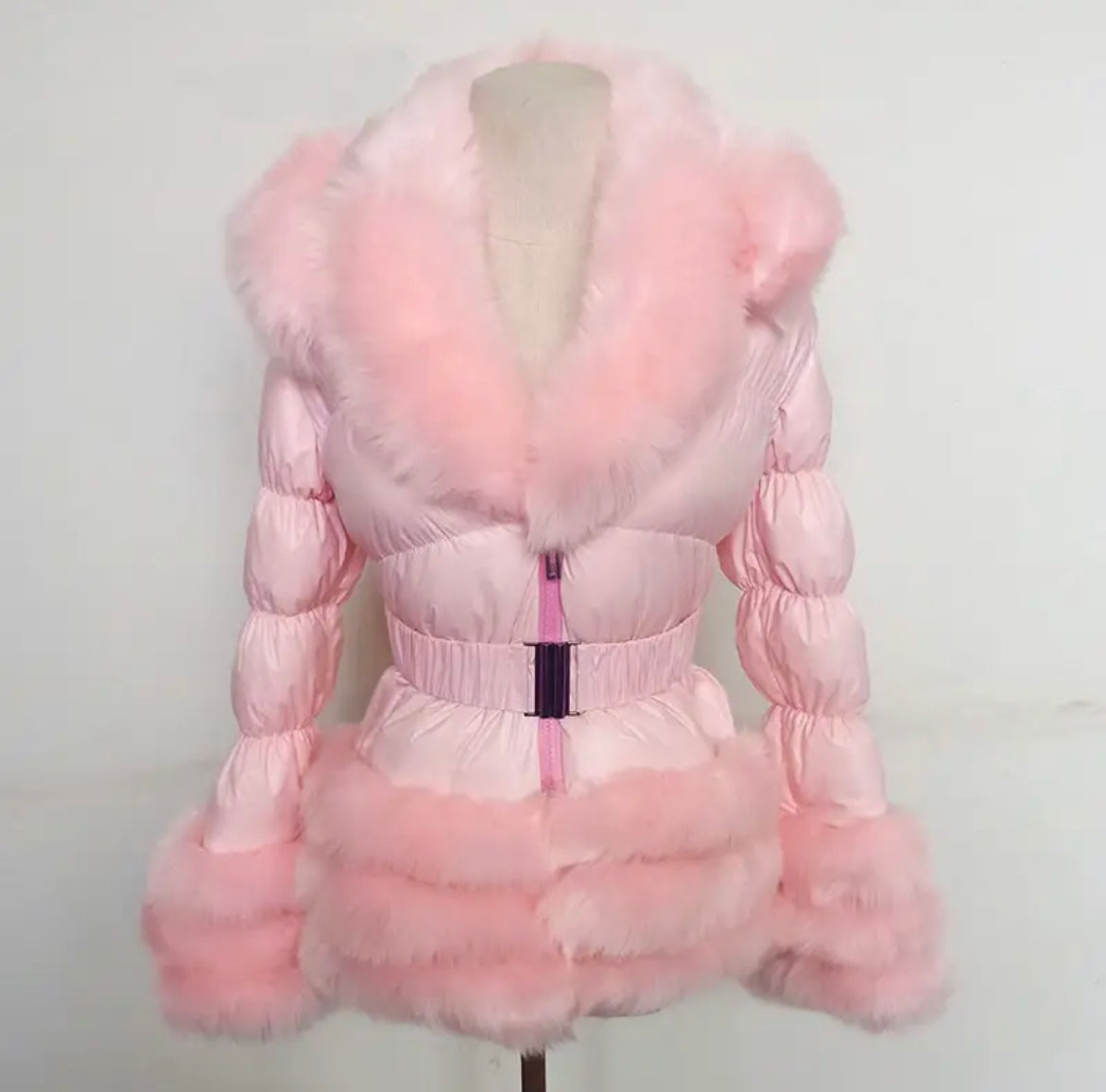 Faux Fur Puffer Belted Romany Style Coat