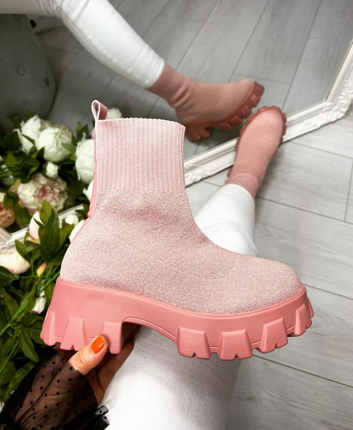 Pink Chunky Ankle Sock Boots