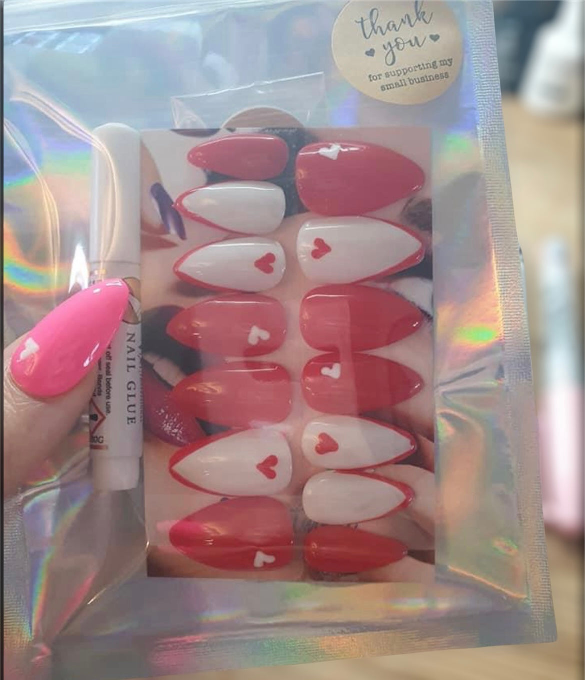 Red & White Heart Style Nails