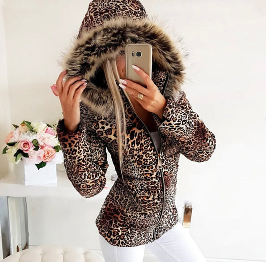 Leopard Print Fur Hooded Coat