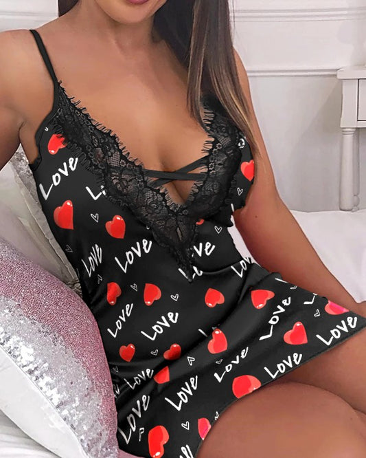Valentine's Day Love Heart Print Lace Trim Nightdress