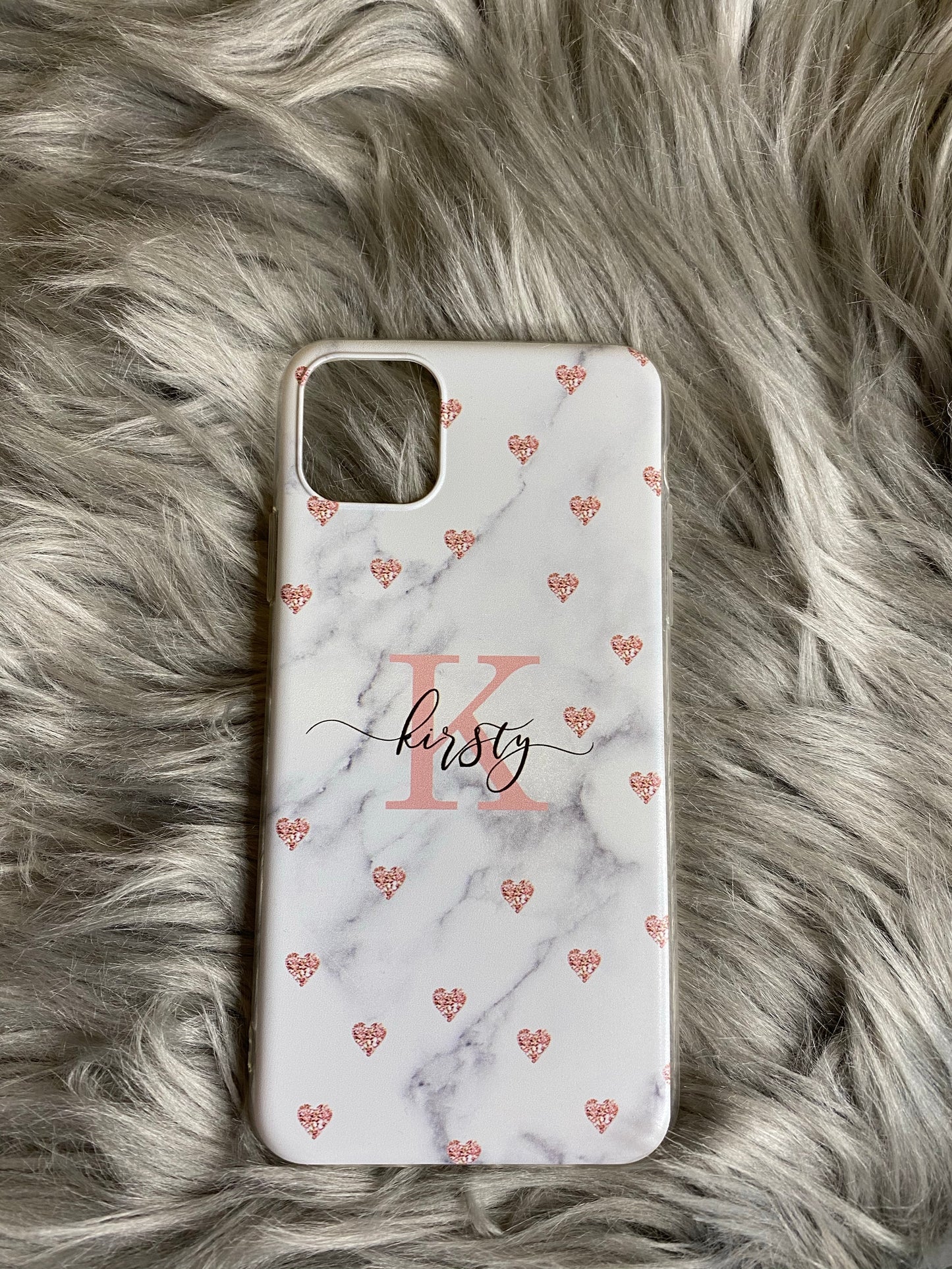 Grey & White Marble With Pink Hearts Personalised Phone Case