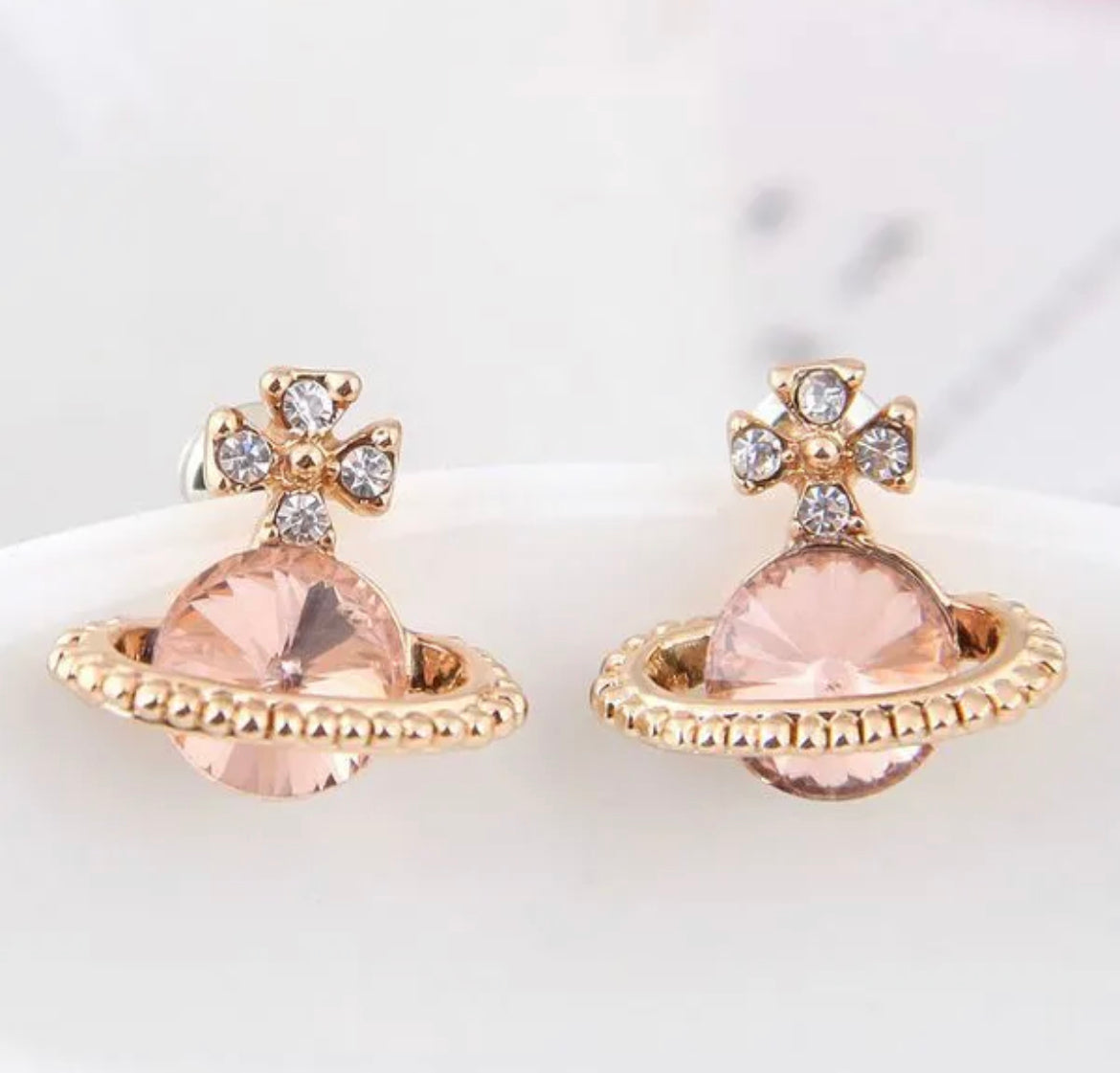 Pink Crystal Saturn Orb Earrings