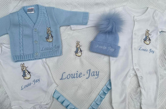 Personalised Blue Embroided Peter Rabbit Set