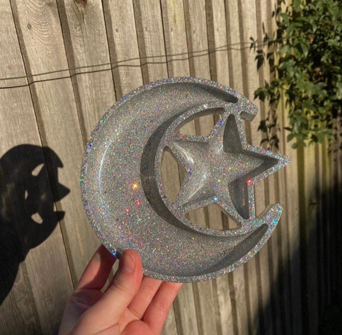 Sparkly Silver Holographic Moon & Star Jewellery Dish