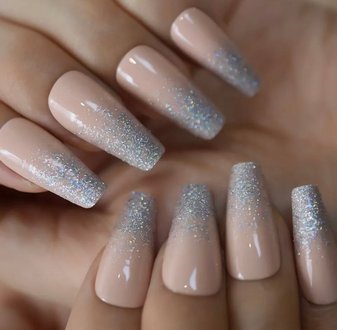 Champagne Nude Glitter Tip Nails