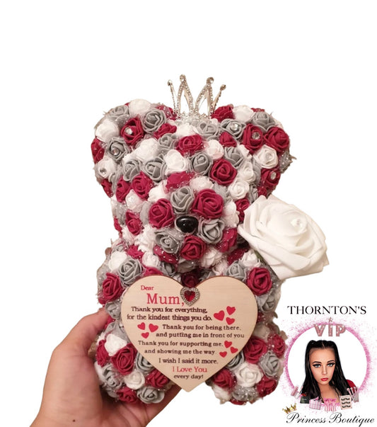 Red, Grey & White Rose Bear With Mother’s Day Plaque