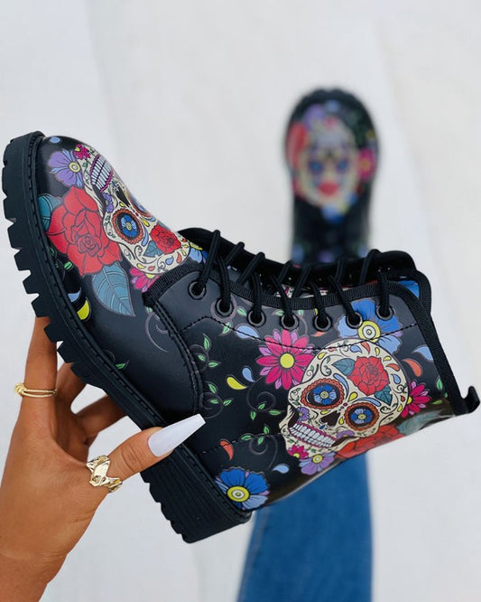 Graphic Print Eyelet Lace-up Combat Boots