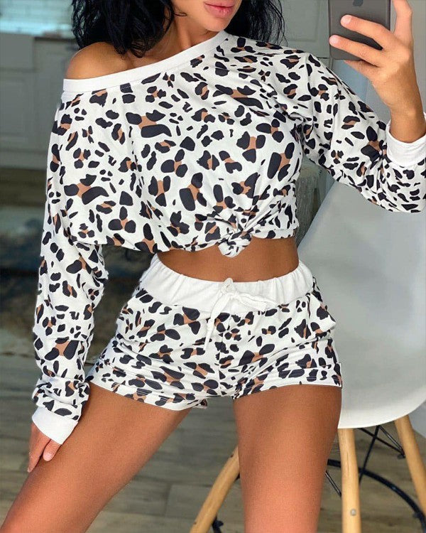 Cheetah Print Long Sleeve Top & Drawstring Shorts Set