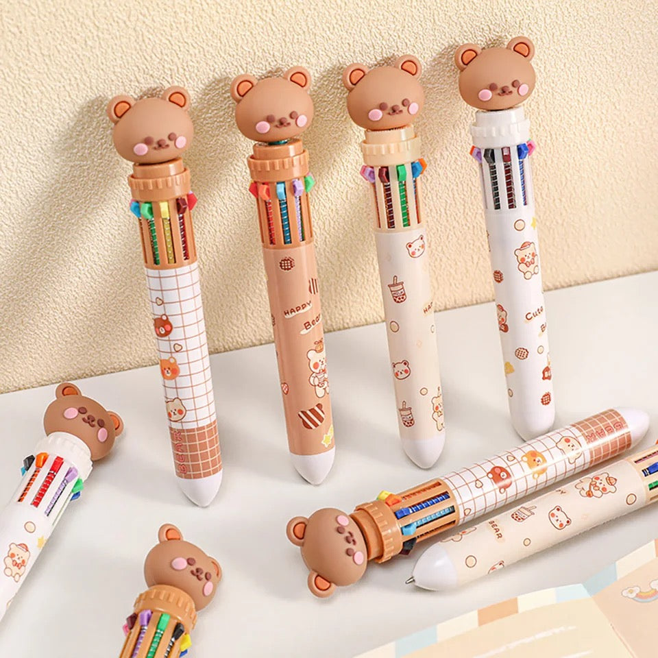 Cute Bear 10 Colour Ink Pens - Set Of Two