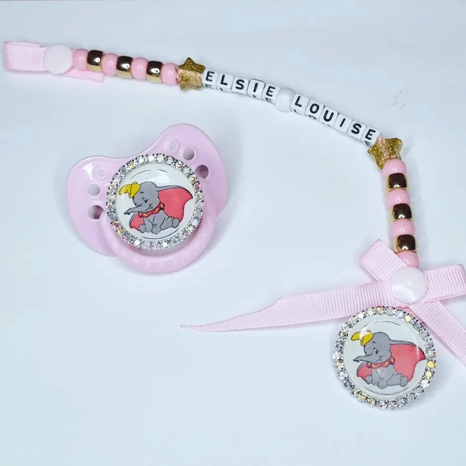 Baby Pink & Gold Dumbo Dummy Clip Set