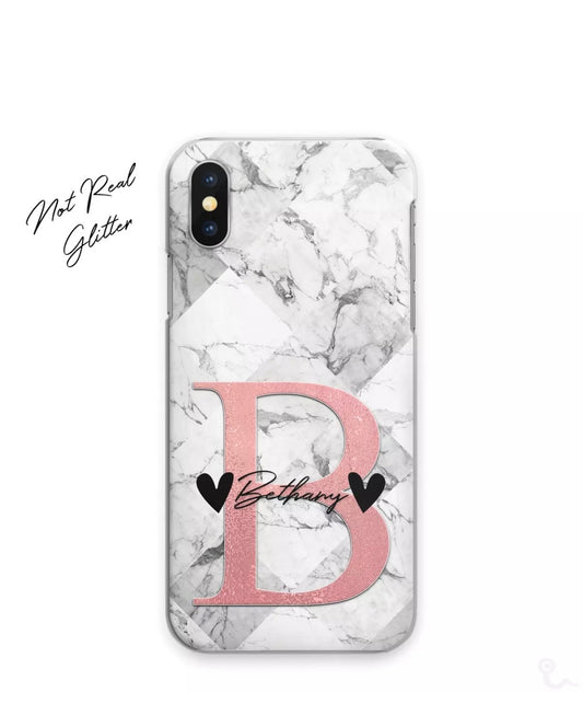 Pink Glitter Initial On Grey Marble Personalised Phone Case