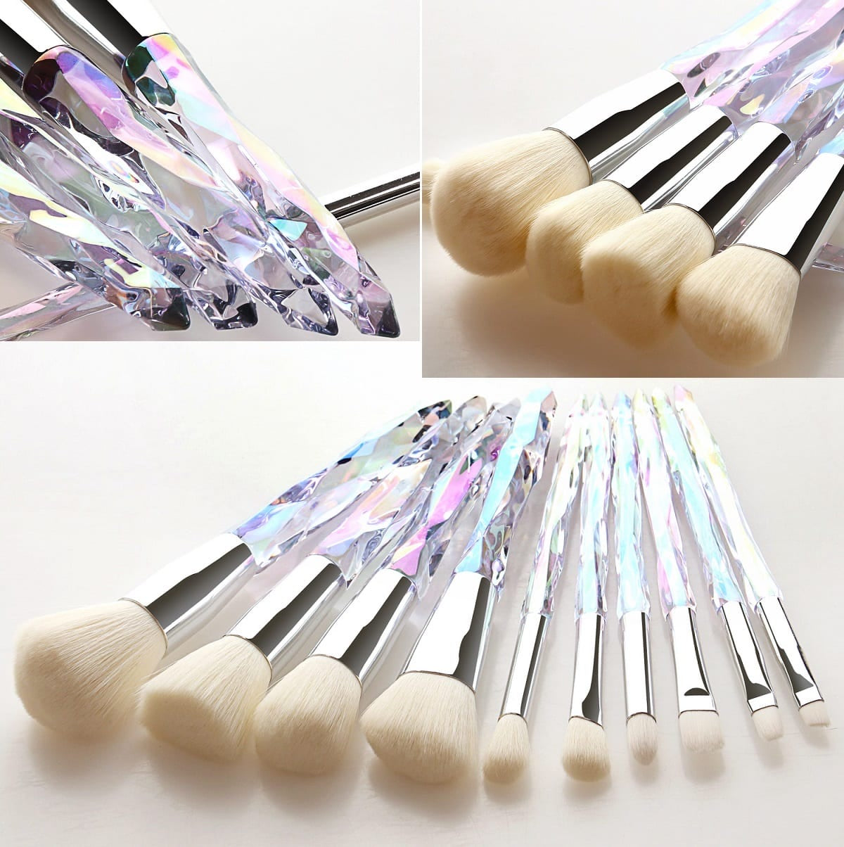 Glowii 10pcs Clear Rainbow Crystal Make Up Brush Set