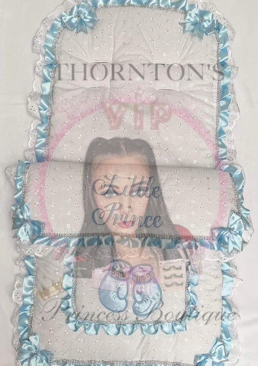 White & Baby Blue Frill Personalised Cosytoes