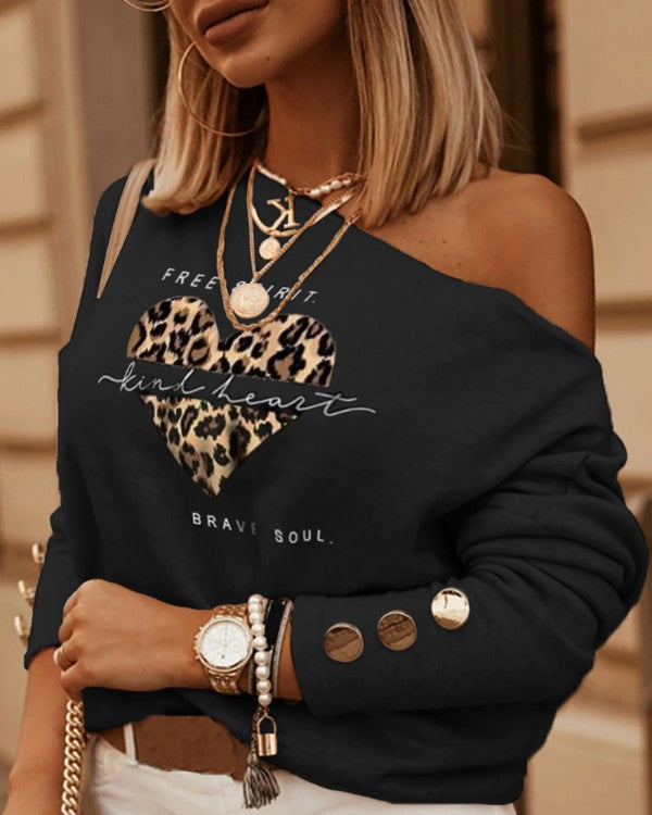 Letter Leopard Heart Print Long Sleeve Top