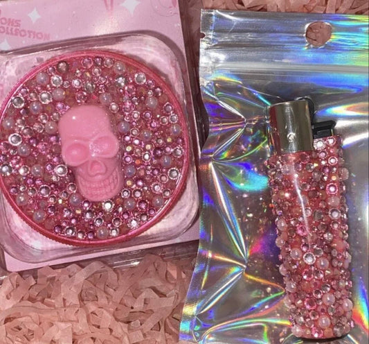 Baby Pink Skull Bling Pearled Grinder & Lighter Set