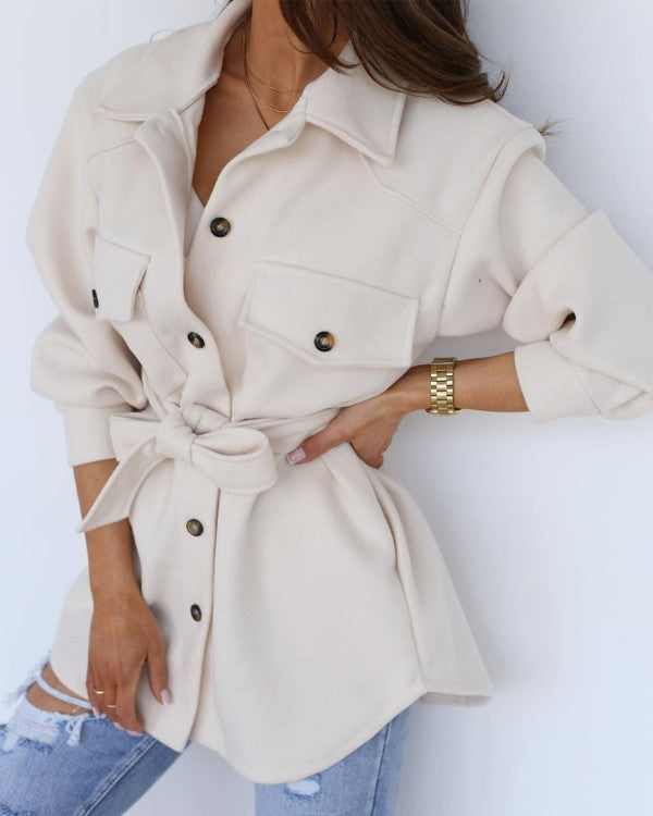 Long Sleeve Button Down Flap Detail Belted Shacket