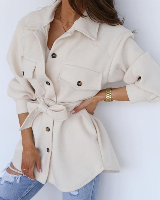 Long Sleeve Button Down Flap Detail Belted Shacket