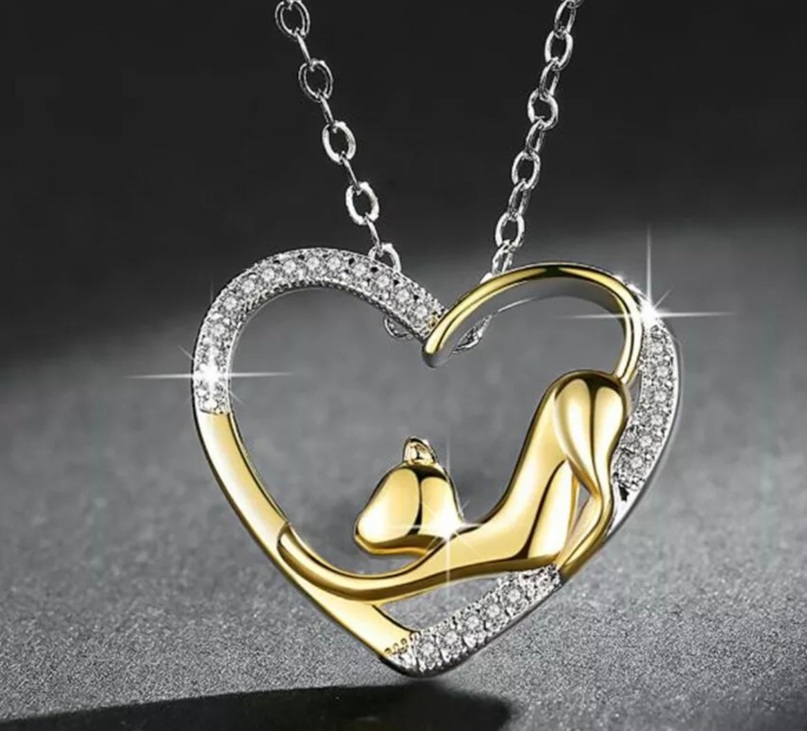 Silver & Gold Heart Cat Pendant Necklace