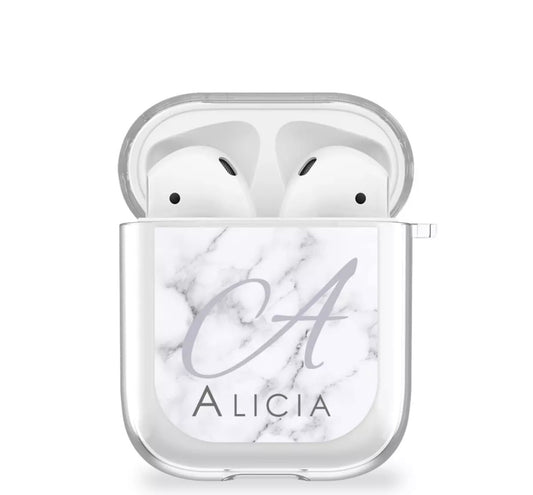 Personalised Marble & Grey Initial Silicone AirPods Case