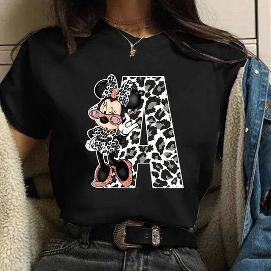 Themed Mouse Leopard Print Letter T-Shirt