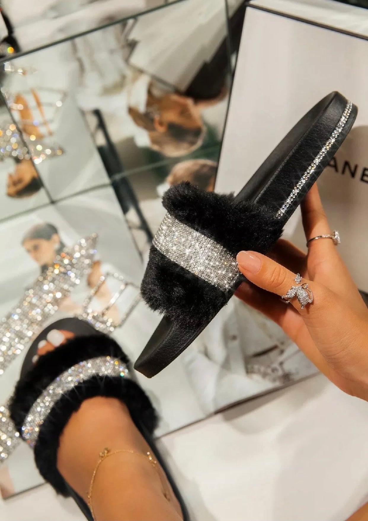 Diamanté Faux Fur Sliders