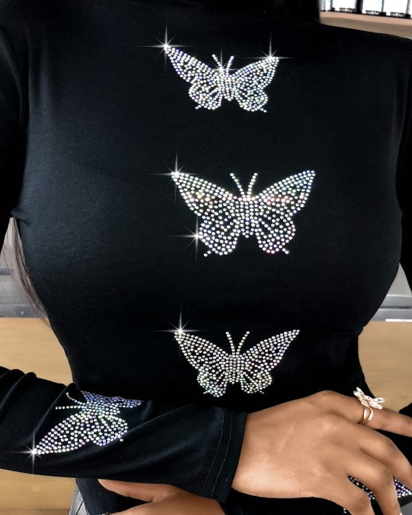 Rhinestone Butterfly Long Sleeve Top