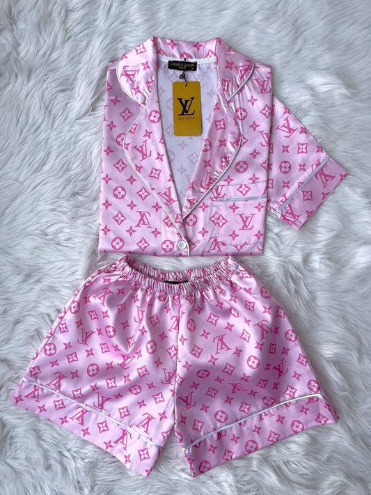 Baby Pink Pattern Satin Pyjamas
